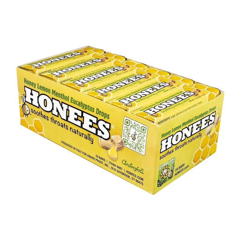 Honees Lemon Menthol Honey Filled Drops Bar | 1.6oz, 24ct, Box
