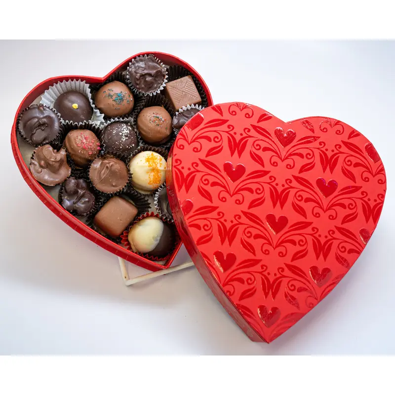 Heart box, shiny red embossed hearts, 8 ounces