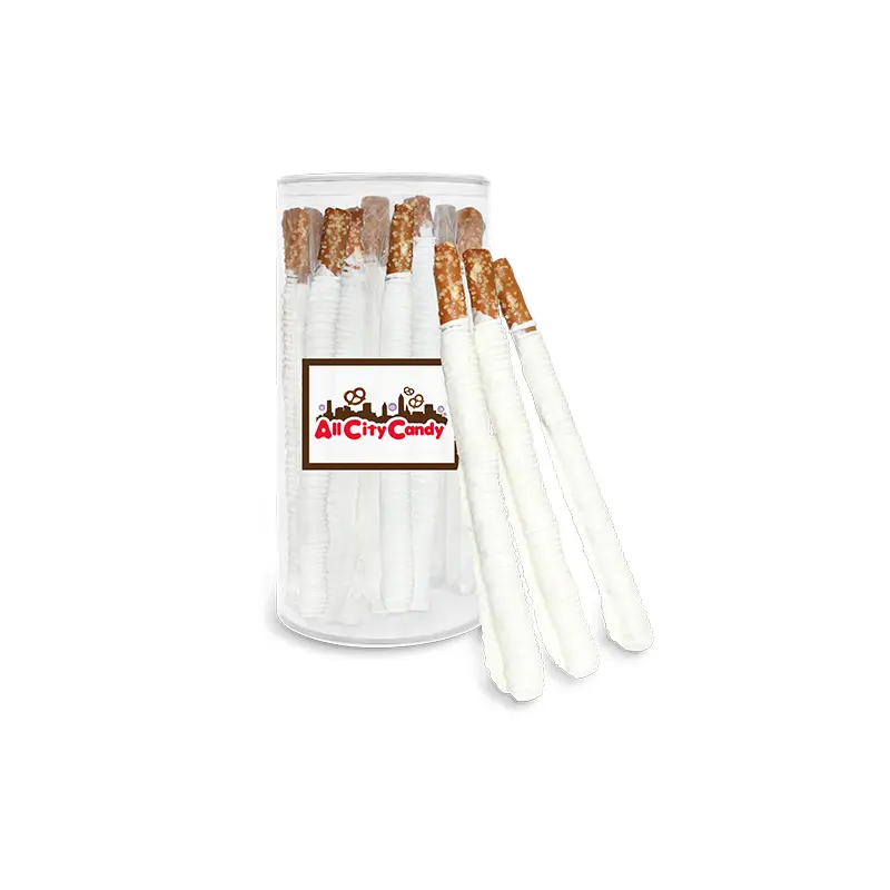 White Chocolate Hand Dipped  Pretzel Rods 12 pc. Tube