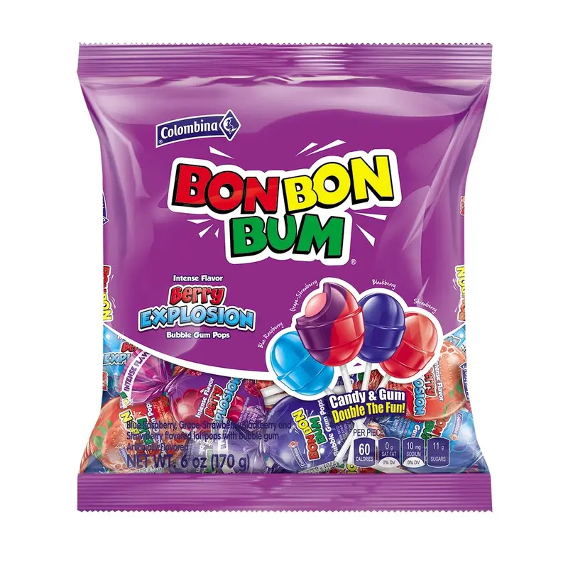 Colombina Bon Bon Boom Berry Explosion Bubble Gum Pops - 6-oz. Bag