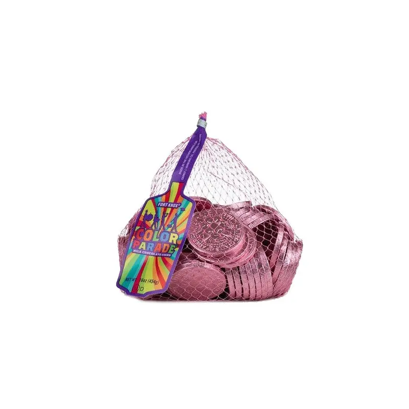 Fort Knox Fuchsia Pink Milk Chocolate Coins - 1 LB Mesh Bag