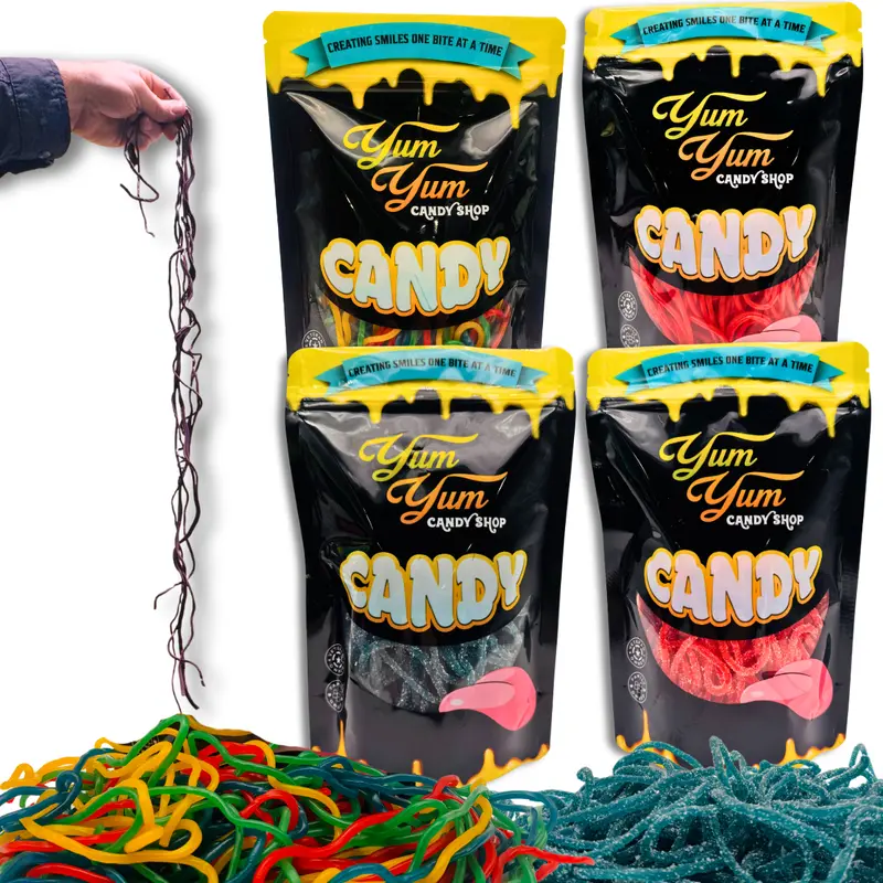 36" Shoe String Licorice Laces  Rainbow, Strawberry, Sour Blue Raspberry & Sour Strawberry | Yum Yum Candy Shop