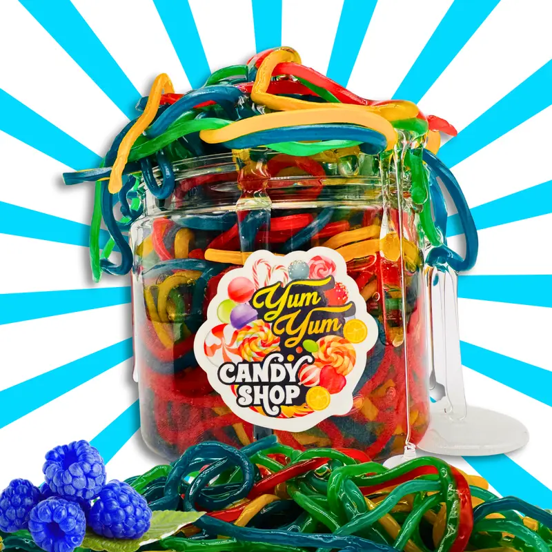 Gooey Candy Spaghetti  Sour Blue Raspberry Goo with Rainbow Laces | Yum Yum Candy Shop