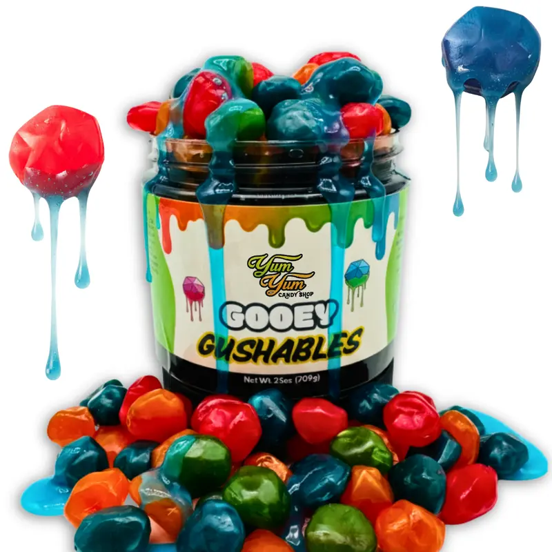 Gooey Gushables - Juicy Fruit Snacks in Sour Blue Raspberry Goo 25oz Jar Sweet Fruity Center Tangy Flavor Perfect for Sharing