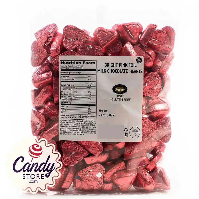 Bright Pink Foil Chocolate Hearts - 2lb Bulk