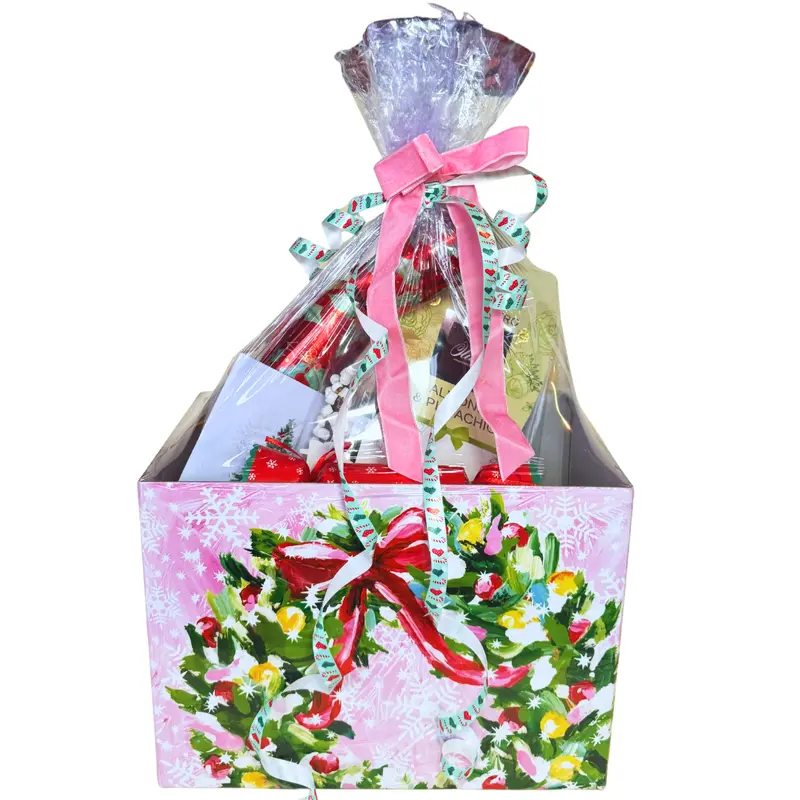 Christmas Gift Basket with Gourmet Chocolates, Holiday Crackers, Hot Cocoa Mix, Latte Stirrers, and Greeting Card