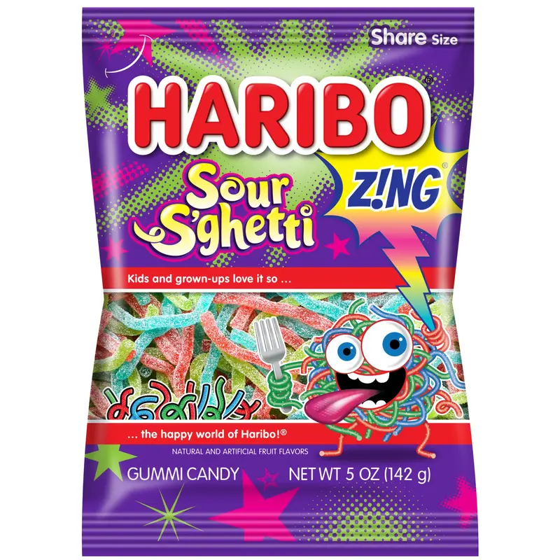 Haribo Sour S'Ghetti Gummi Candy Peg Bag 5oz. 12 ct.