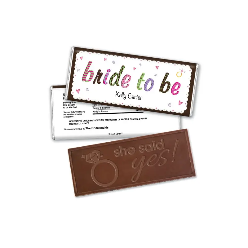 Bridal Shower Favor Personalized Embossed Chocolate Bar Colored Bride to Be