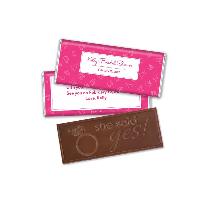 Bridal Shower Favors Personalized Pink Wedding Symbols Embossed Embossed Chocolate Bar Favor
