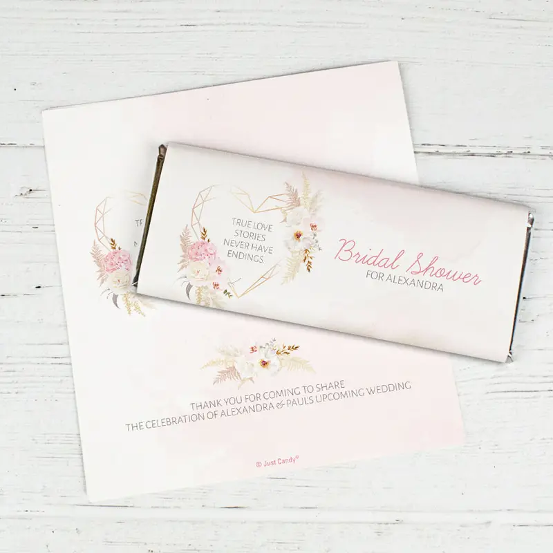 Personalized Floral Heart Bridal Shower Favor Chocolate Bar Wrappers