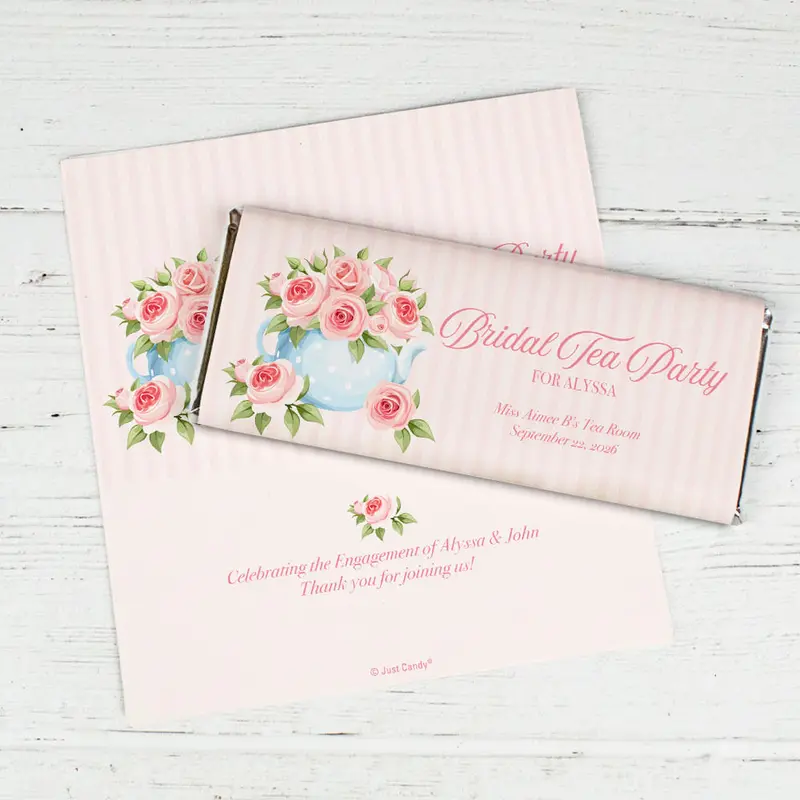 Personalized Pink Rose Tea Party Bridal Shower Favor Chocolate Bar Wrappers