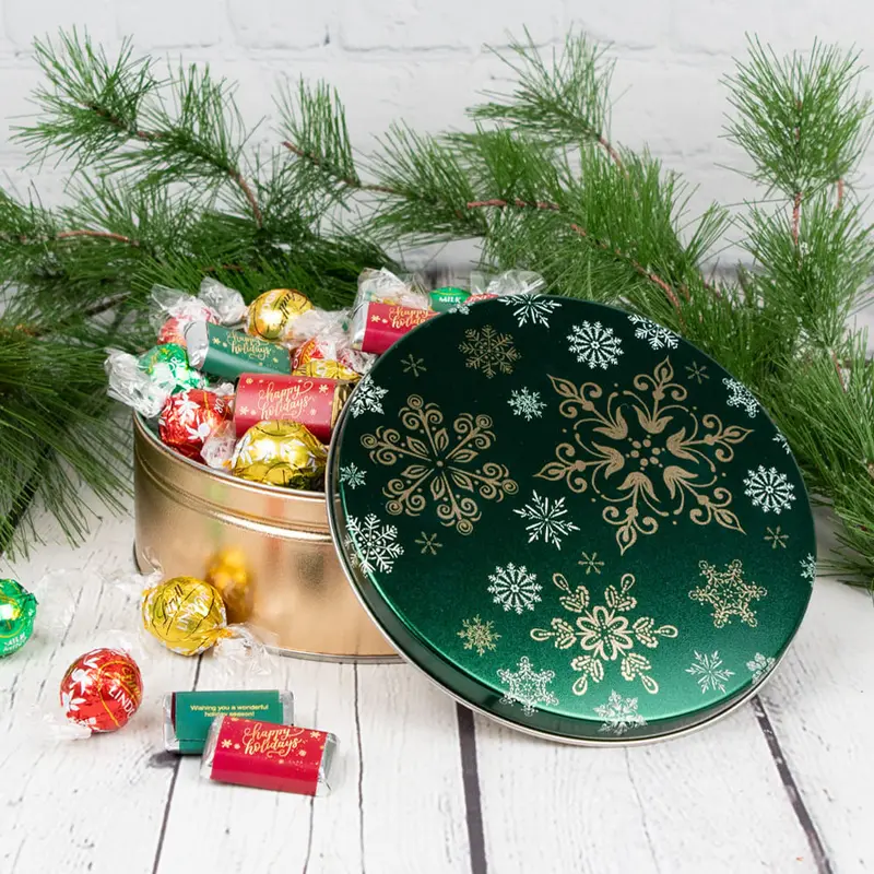 Personalized Emerald Snowfall Christmas 2C tin - 1lb Pers HH Hershey's Miniatures & Lindt Truffles