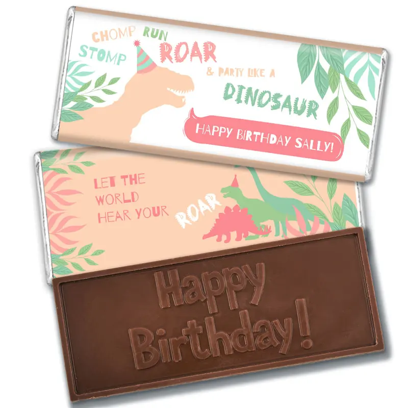 Personalized Pink Dinosaur Birthday Embossed Chocolate Bars
