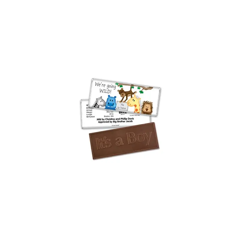 Baby Boy Announcement Personalized Embossed Chocolate Bar Going Wild Jungle Animals