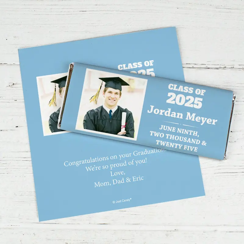 Light Blue Graduation Personalized Chocolate Bar Wrappers Simple Photo