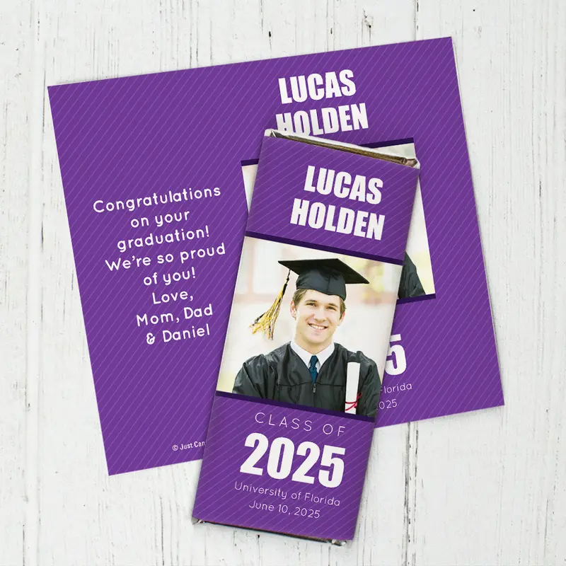 Purple Graduation Personalized Chocolate Bar Wrappers Pinstripes Photo