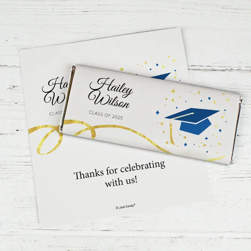 Blue Graduation Personalized Chocolate Bar Wrappers Cap & Confetti