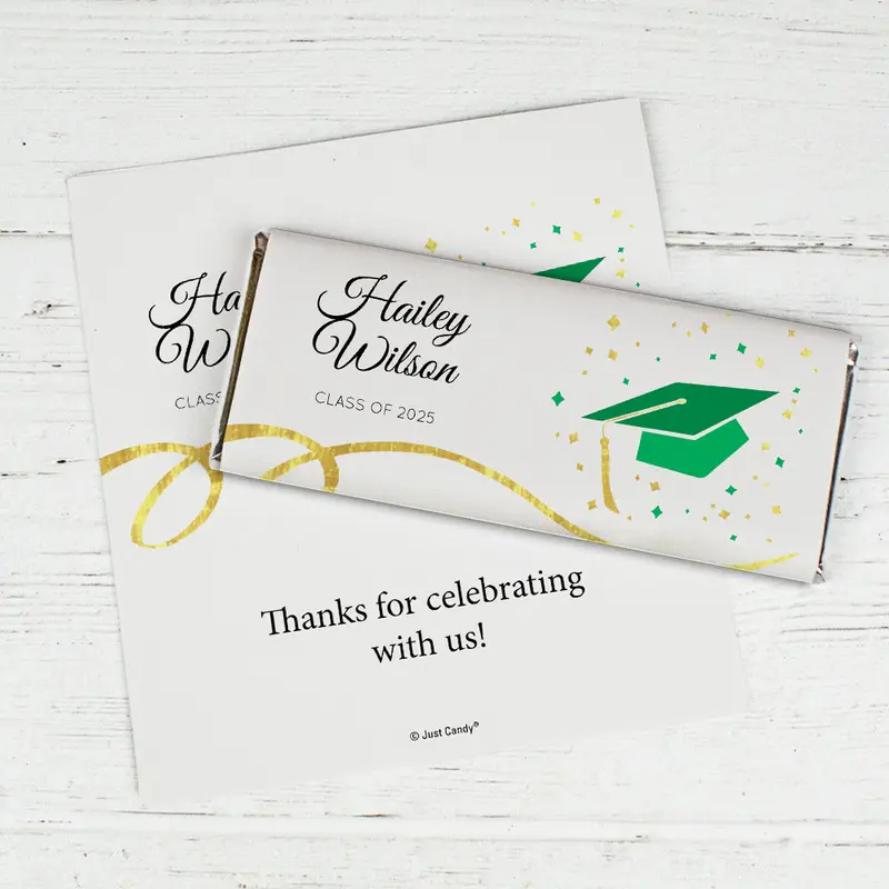 Green Graduation Personalized Chocolate Bar Wrappers Cap & Confetti