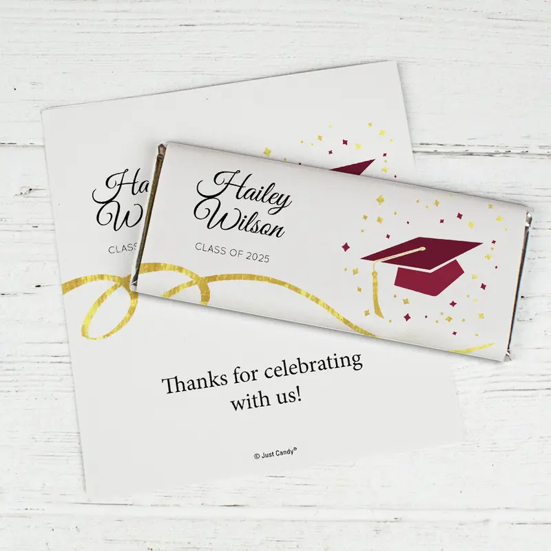 Maroon Graduation Personalized Chocolate Bar Cap & Confetti