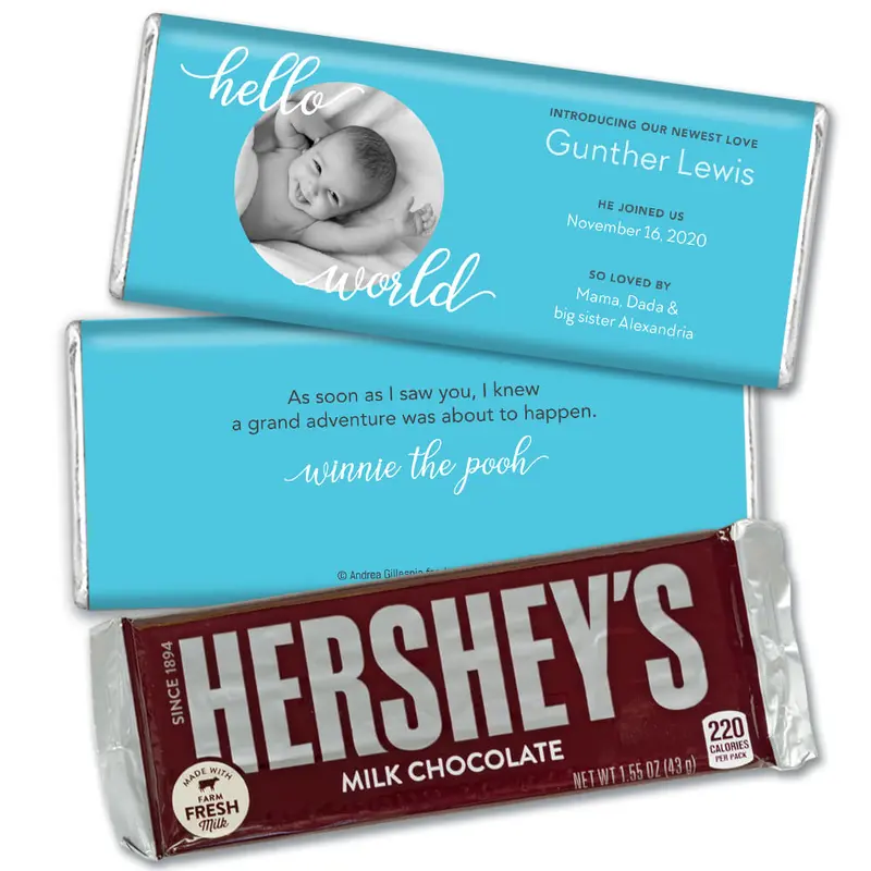 Personalized Hello World Baby Boy Birth Announcement Hershey's Hershey's Milk Chocolate Bar & Wrapper