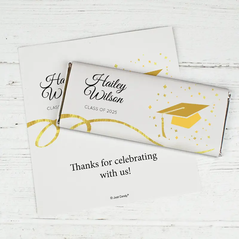 Yellow Graduation Personalized Chocolate Bar Wrappers Cap & Confetti