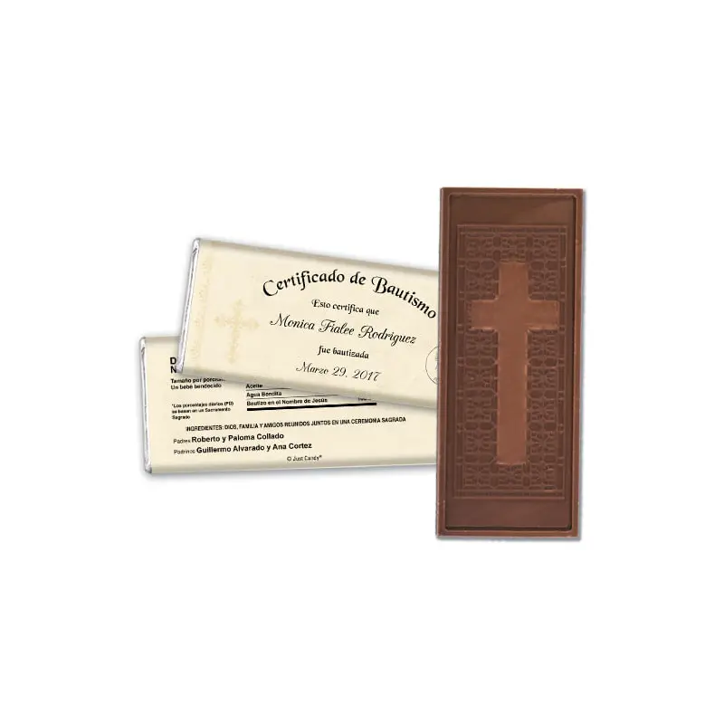 Baptism Embossed Cross Chocolate Bar Certificado de Bautismo