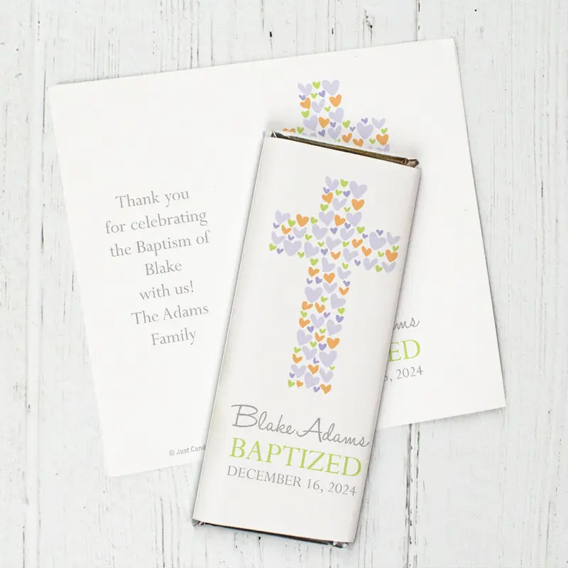 Baptism Personalized Chocolate Bar Wrappers Cross of Hearts