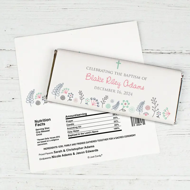 Baptism Personalized Chocolate Bar Wrappers Flower Blooms