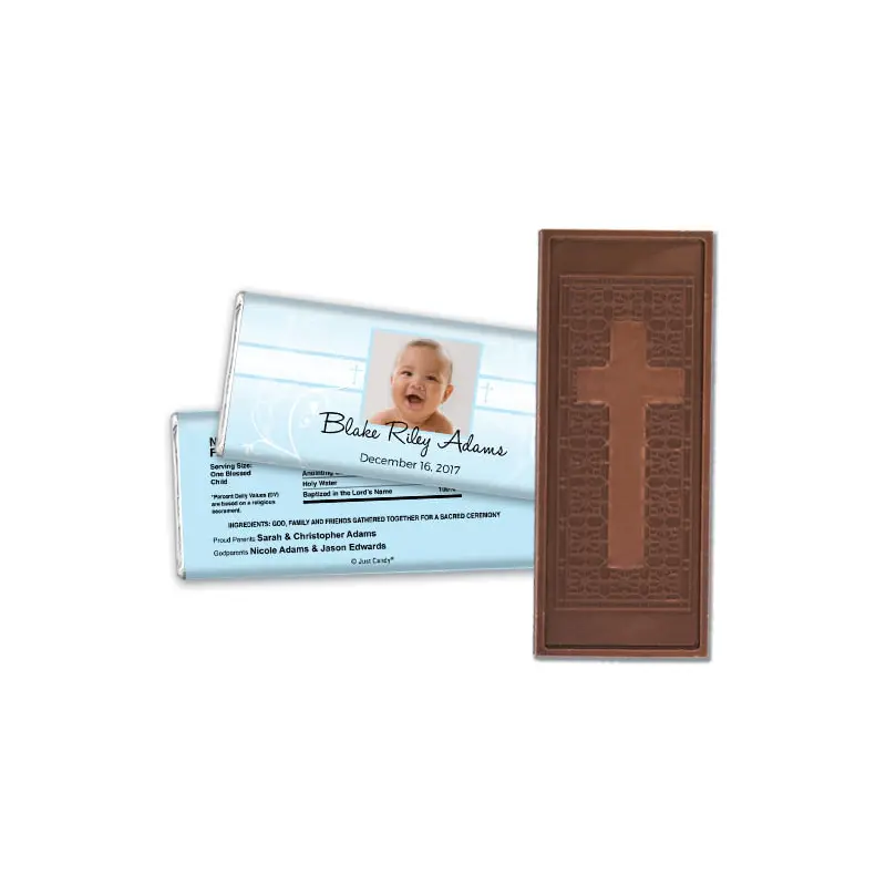Baptism Personalized Embossed Cross Chocolate Bar Photo, Cross & Scroll