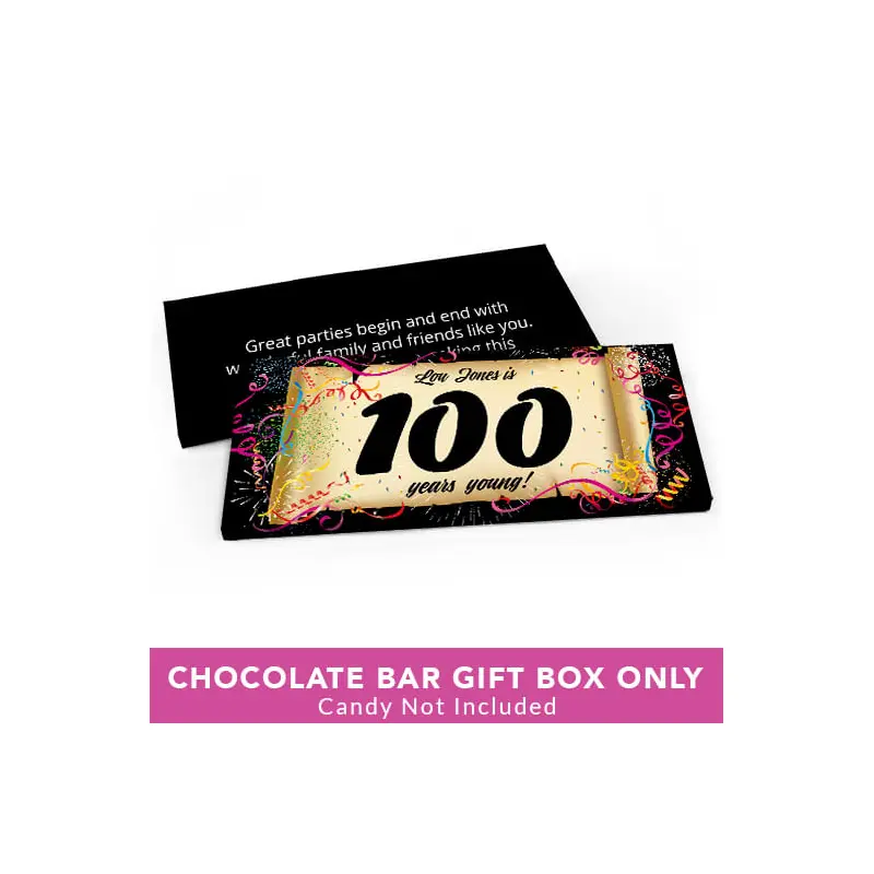 Deluxe Personalized Birthday 100th Confetti Birthday Candy Bar Favor Box