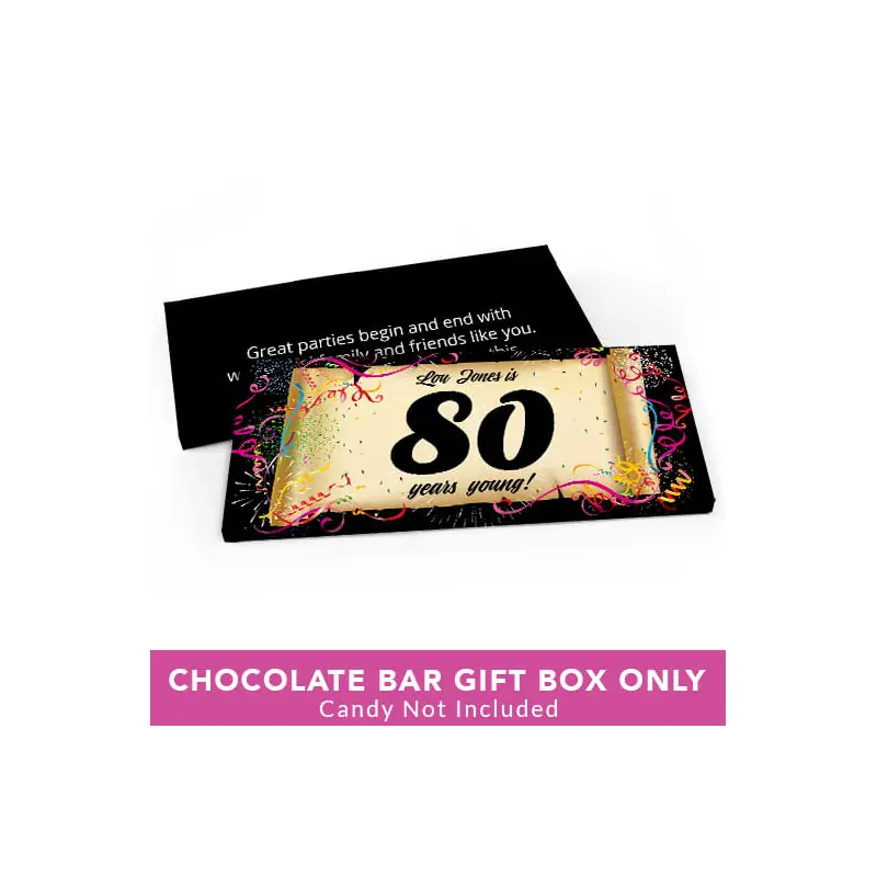 Deluxe Personalized Birthday 80th Confetti Birthday Candy Bar Favor Box