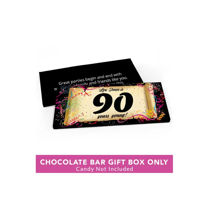 Deluxe Personalized Birthday 90th Confetti Birthday Candy Bar Favor Box
