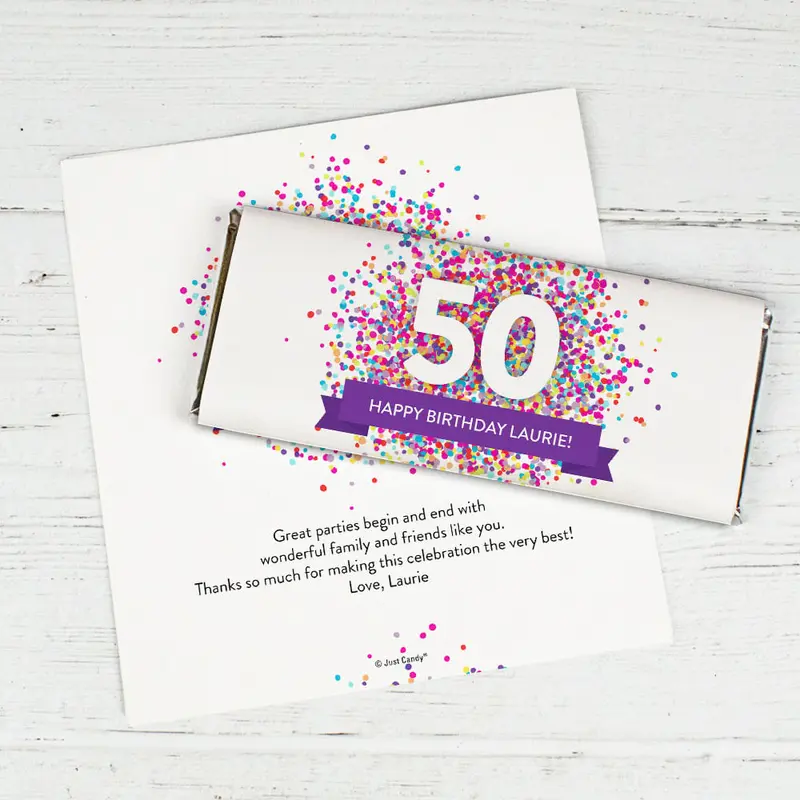 Personalized Milestone Birthday Confetti Burst Chocolate Bar Wrappers Only
