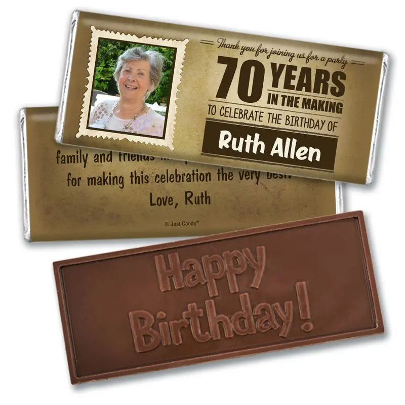 Personalized Milestone 70th Birthday Years to Perfection Embossed Chocolate Bar