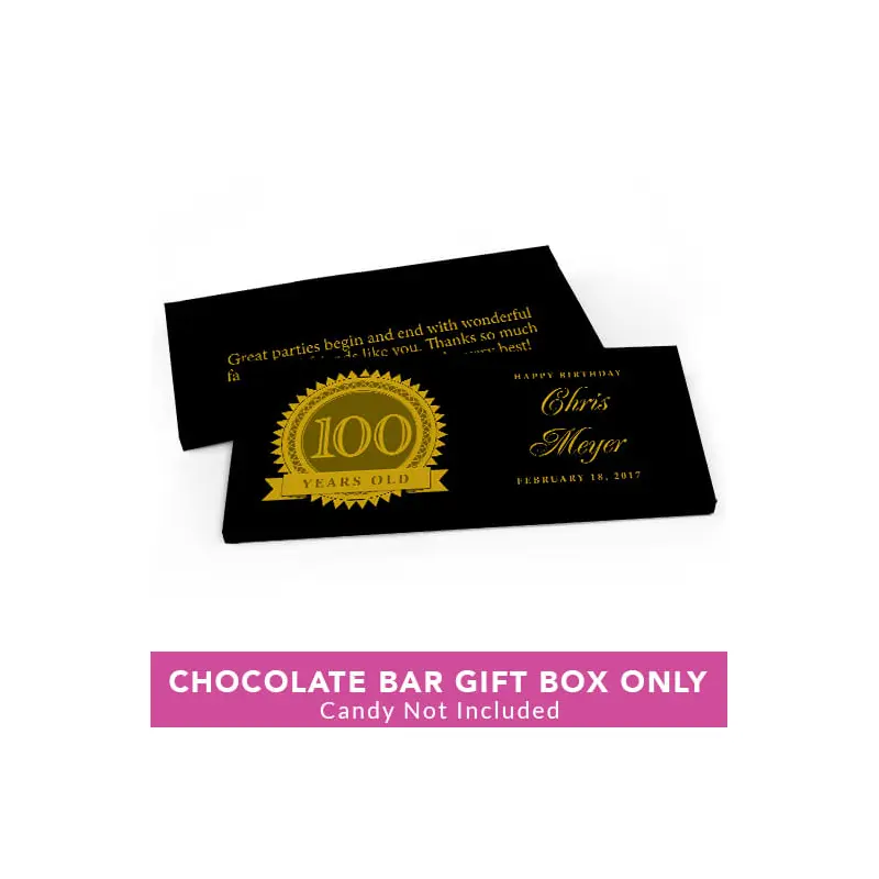 Deluxe Personalized Birthday 100th Milestones Seal Candy Bar Favor Box