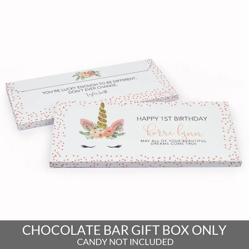 Deluxe Personalized First Birthday Whimsical Unicorn Candy Bar Favor Box