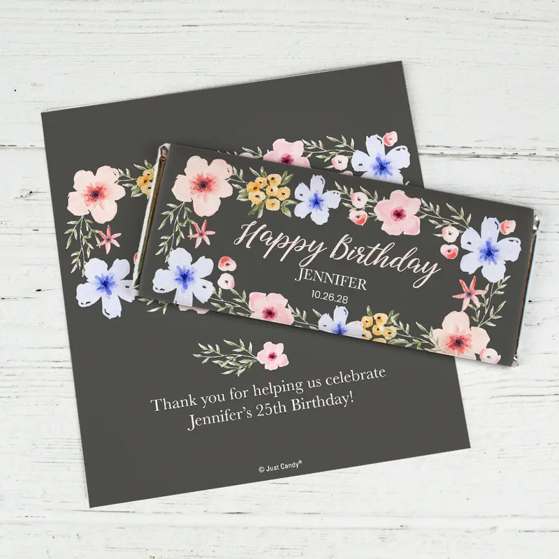 Personalized Birthday Dark Floral Chocolate Bar Wrappers