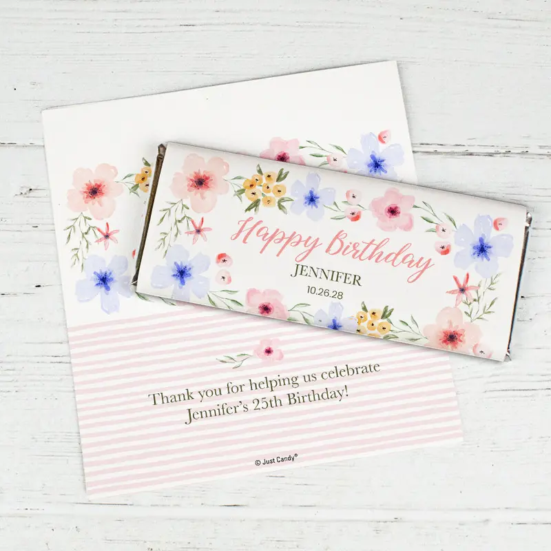 Personalized Birthday Floral Stripe Chocolate Bar Wrappers