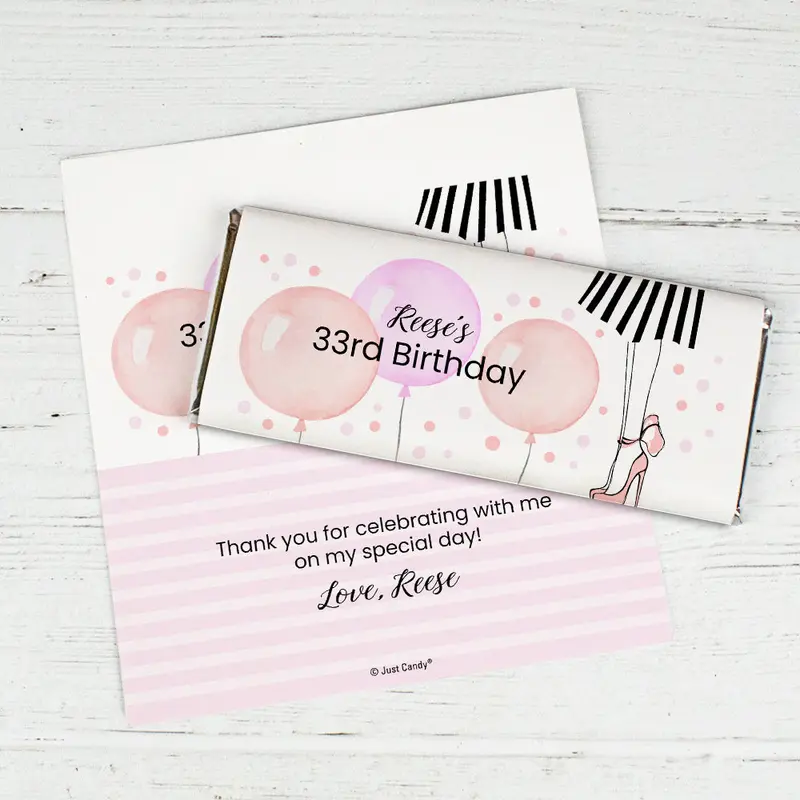 Personalized Birthday Balloons and Heels Chocolate Bar Wrappers