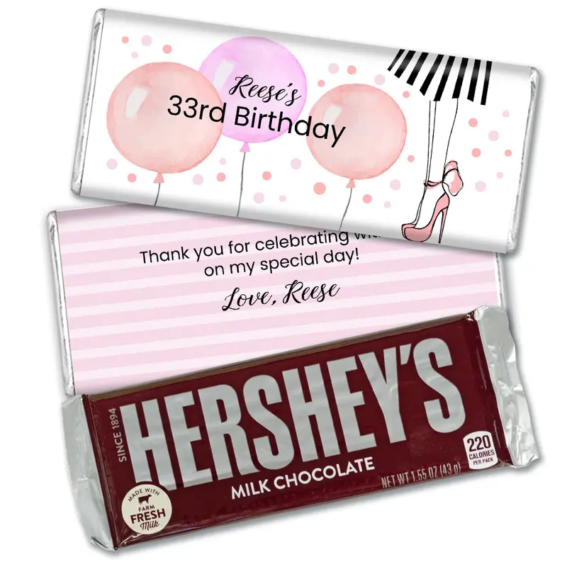 Personalized Birthday Balloons and Heels Hershey's Milk Chocolate Bar
