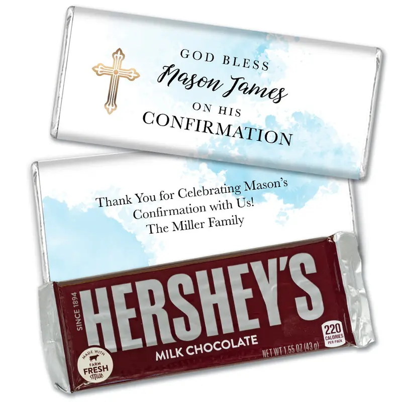 Personalized Confirmation Blue Watercolor Cross Hershey's Milk Chocolate Bar