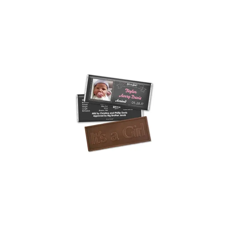 Baby Girl Announcement Personalized Embossed Chocolate Bar Chalkboard Photo