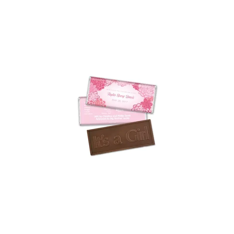 Baby Girl Announcement Personalized Embossed Chocolate Bar Pink Flowers