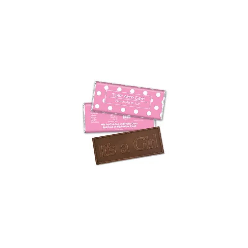 Baby Girl Announcement Personalized Embossed Chocolate Bar Polka Dots