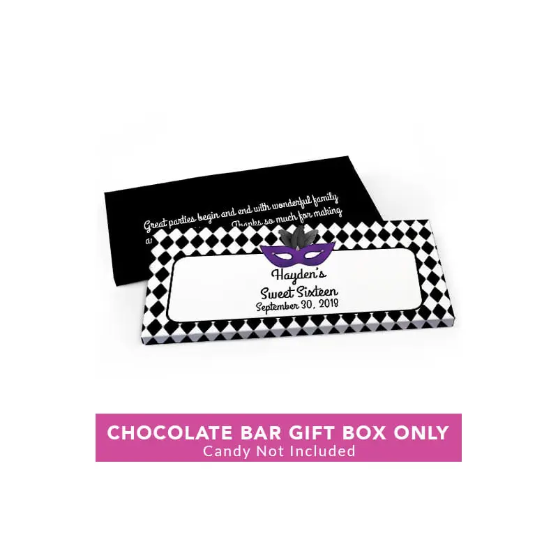 Deluxe Personalized Sweet 16 Birthday Harlequin Masquerade Candy Bar Favor Box