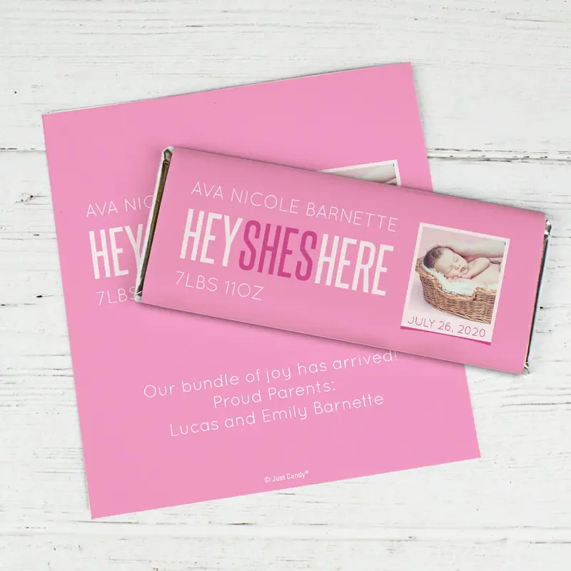 Personalized She's Here! Baby Girl Birth Announcement Hershey's Chocolate Bar Wrappers