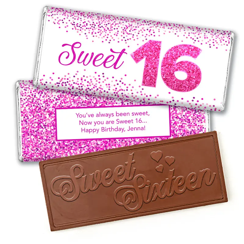 Personalized Sweet 16 Pink Confetti Embossed Belgian Chocolate Bar