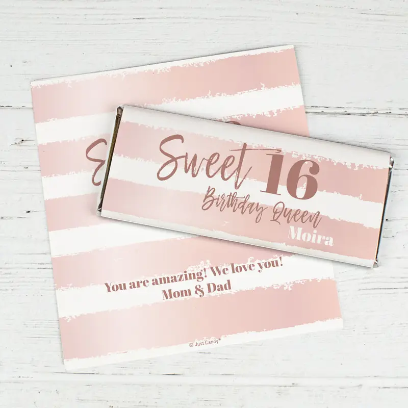 Personalized Sweet 16 Rose Gold Stripes Chocolate Bar Wrappers Only