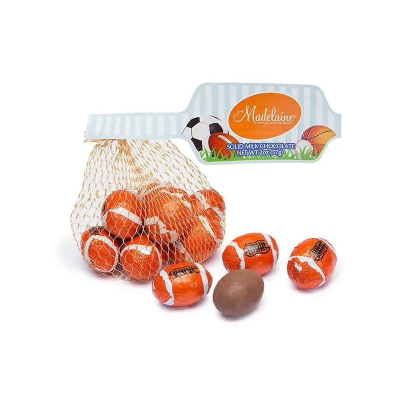 Madelaine Foiled Milk Chocolate Sports Balls 2-Ounce Mesh Bags - Football: 24-Piece Tub