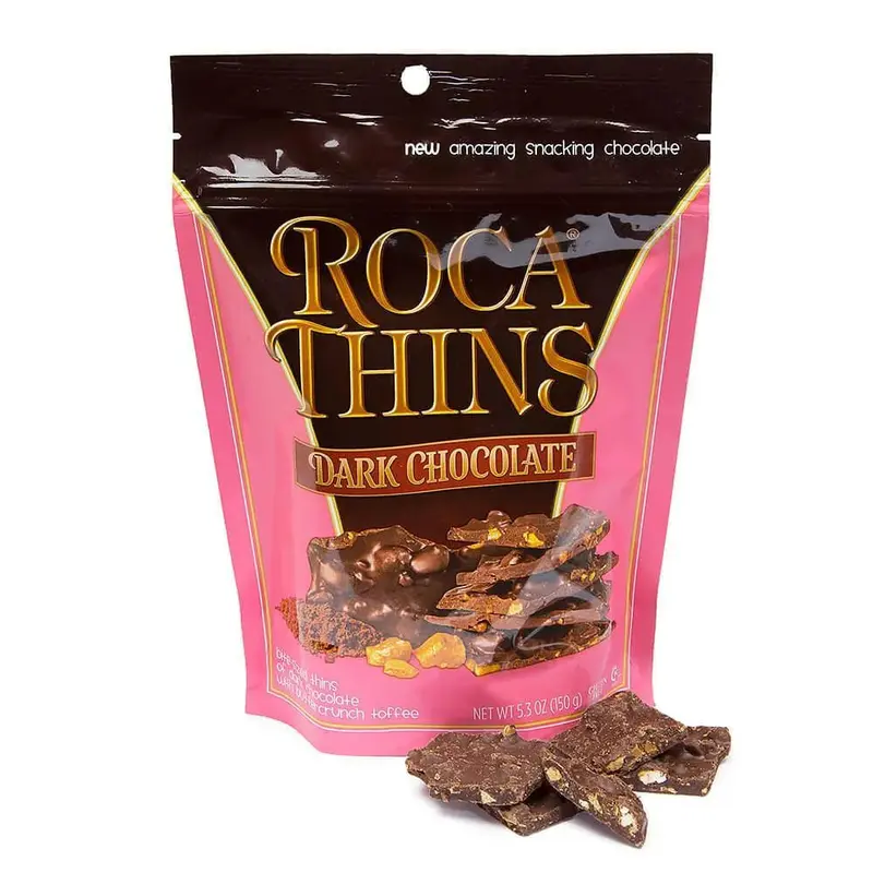 Roca Thins Buttercrunch Toffee Candy - Dark Chocolate Peg Bags: 8-Piece Case